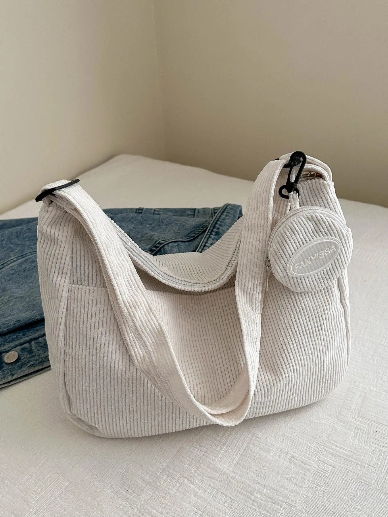 Women's Casual Plain Corduroy Zipper Shoulder Bag & Small Coin Purse, Large Capacity Shoulder Bag & Coin Purse, Fashionable Bag Set for Daily Use