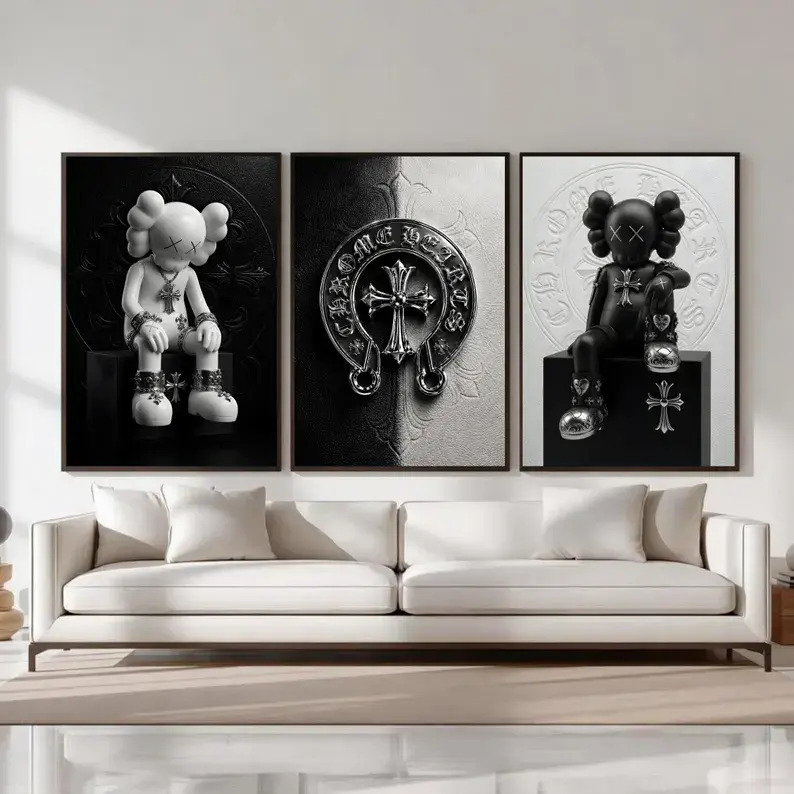 Chrome Hearts Kaws Poster Set of 3, Black White Hypebeast Decor Wall Art, Gothic Luxury Decor, Black White Chrome Hearts, Dark Fashion Decor