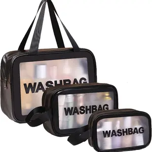 3pcs/set PVC Cosmetic Bags, Large Capacity Semi-Transparent Design, Durable & Portable Makeup Organizer for Travel