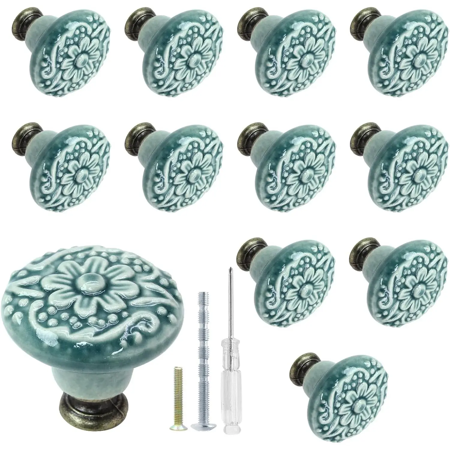 12-Count Floral Synthetic Green Ceramic Doorknobs, 34mm Diameter Retro Round Kitchen Cabinet Knobs & Pulls, Artistic Touch Decorative Closet Door Handles