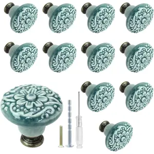 12 count Green Ceramic Kitchen Cabinet Knobs & Pulls, Retro  Round Drawer Knobs, Decorative Closet Door Handles