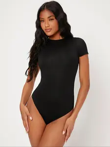 Women's Solid Round Neck Bodysuit, Casual Comfy Basic Tight-fitting Short Sleeve Bodysuit for Daily Wear, Ladies Clothes for Spring & Fall