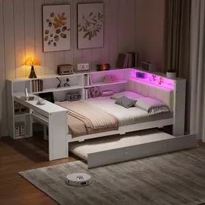 Full Size Platform Bed with Bookcase Headboard, Trundle, Wood Daybed Frame with Storage Shelves, Charging Station, LED, Desk and Upholstered Headboard,  No Box Spring Needed