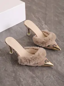 Pointed High Heel Suede Slippers, Y2K Aesthetic Shoes, Metal Toe, Solid Pattern, Rubber Sole, Elegant Women's Party Footwear