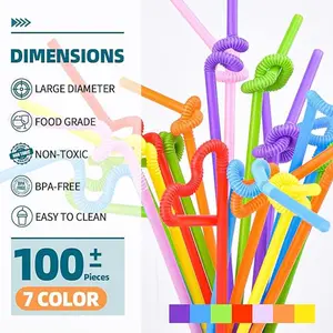 100 Flexible Plastic Drinking Straws, Disposable Individually Packaged, Colorful 12.6 Inch Ultra Long Bendable Party Straws