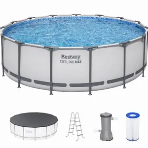 EKD 15' x 48" Above Ground Pool, Round Metal Frame Outdoor Swimming Pool Set with Filter Pump, Ladder, and Cover, Gray