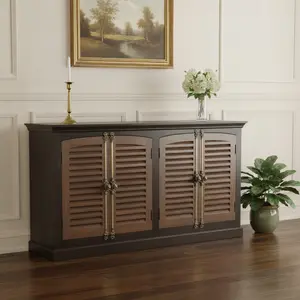 212 MAIN Dark Brown Solid Wood Shutter-Style Buffet Cabinet Sideboard, 37x72x15 in, Large Traditional Home Decor Piece with 4 See-Through Doors