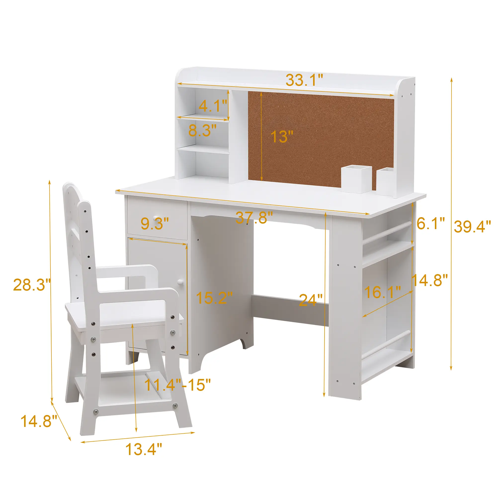 Kids Study Desk and Chair Set with Cork Bulletin Board, Storage Shelves, Cabinet, and Drawer, Available in White or Pink