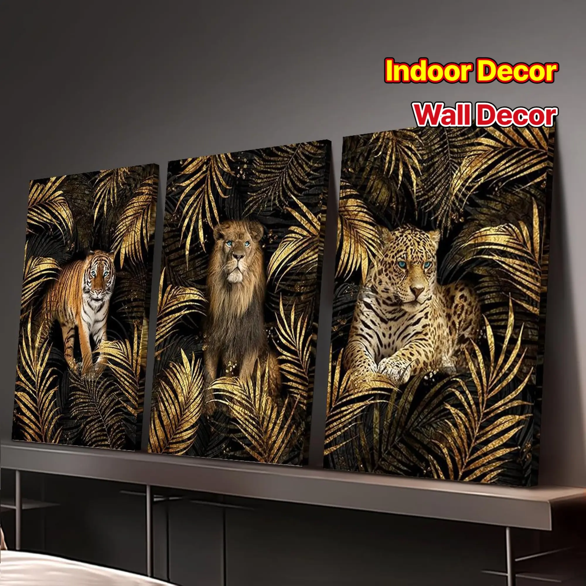 3-Piece Wooden Framed Canvas Wall Art Prints - Jungle Wildlife Tiger, Lion, Leopard Tropical Felines Waterproof Glossy Decor, Farmhouse Hanging for Indoor Home, Kitchen with Box, Trendy for Father's Day, Juneteenth, 4th of July Wardrobe Accent, Back To Sc