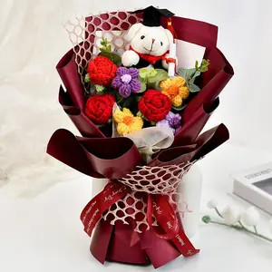 Graduation Gift Crochet Flower Bouquet, Handmade Sunflower Rose Bear Graduation Bouquet, Birthday Teacher's Day Valentine's Day Decorative Home Decor Artificial Flower