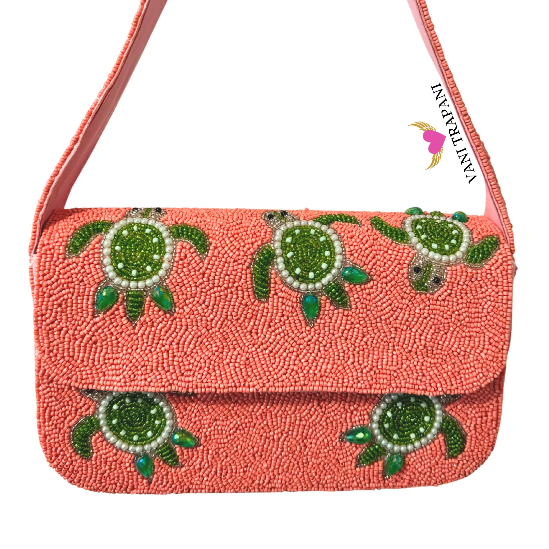 Sea Turtle Beaded Shoulder Bag-Handmade Pink Ocean Turtle Baguette Purse