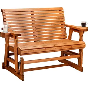Outvita Outdoor Glider Wood Patio Chair with Cup Holders, Outdoor Bench Glider Loveseat with Smooth Rocking Mechanism, Heavy Duty 800 LBS Summervibes