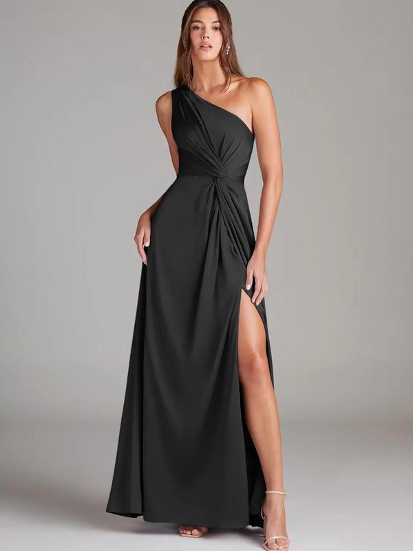 Azazie Brooke One Shoulder Pleated Knot Slit A-line Bridesmaid Wedding Ceremony Stretch Satin Dress