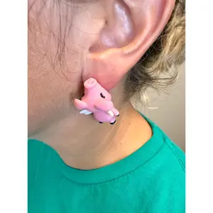 Flying Pig Chomper Earrings | Cute Fantasy Dangle Jewelry | Whimsical Animal Statement | Hypoallergenic 3D Printed Pig Lover Gift
