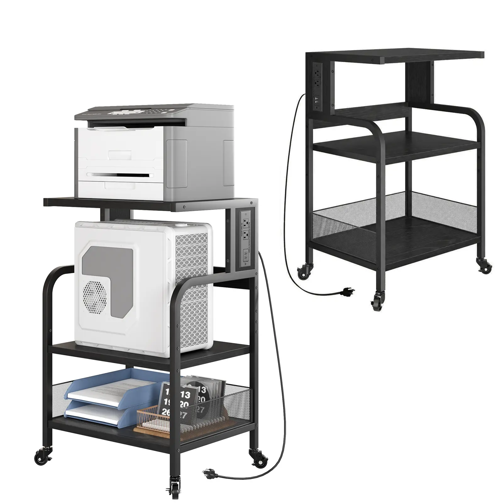 Garvee Upgraded-3 Tier Mobile Printer Stand, Rolling Office Cart With Storage Shelf, Power Outlets And USB Charging Ports, Large Organizer Display Shelf for Small Spaces