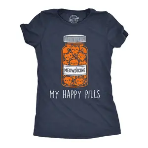 Womens Funny T Shirts Meowdicine My Happy Pills Sarcastic Kitty Graphic Novelty Tee For Ladies Funny Womens T Shirts Cute Vintage Fashion Casual Ladies T-Shirt Gift mental health Tops for Women Funny Cat Top Navy -