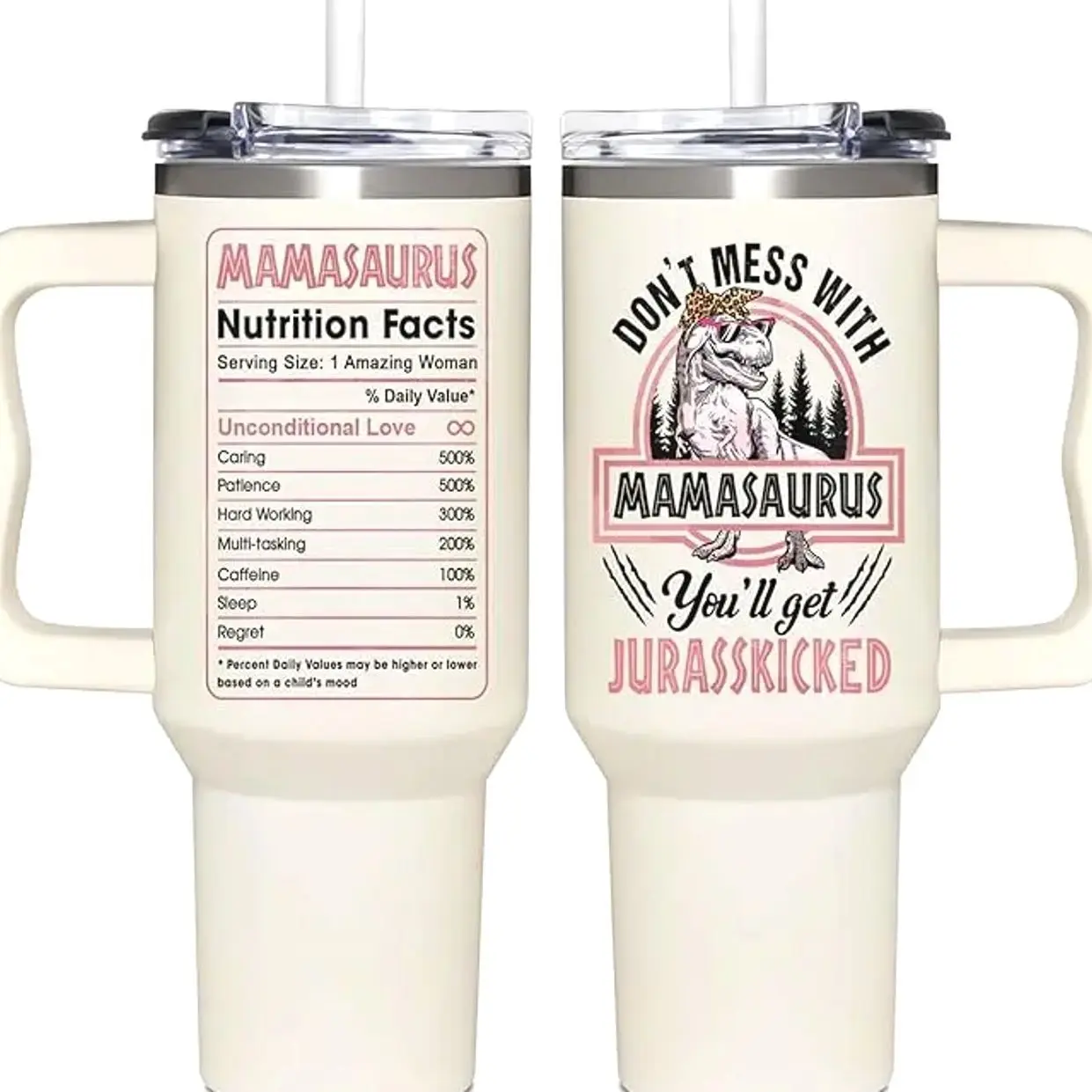 40oz Leakproof Double Wall Stainless Steel Vacuum Insulated Tumbler with Handle - Body-Safe Custom-Printed Vintage Reusable Insulated Water Cup, Mamasaurus Mom Mothers Day Gift, Kitchenware Drinkware