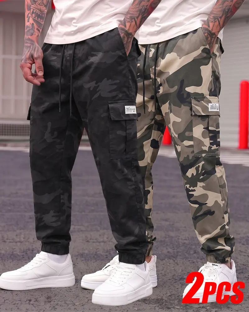 2-PCS White Tag Side Flap Pocket Full Draw Waist Camo Jogger Cargo Pants, Lightweight Elastic Cuff Work Trousers, 2 Tone Camo Mens Daily Street Bottoms Multi Pack