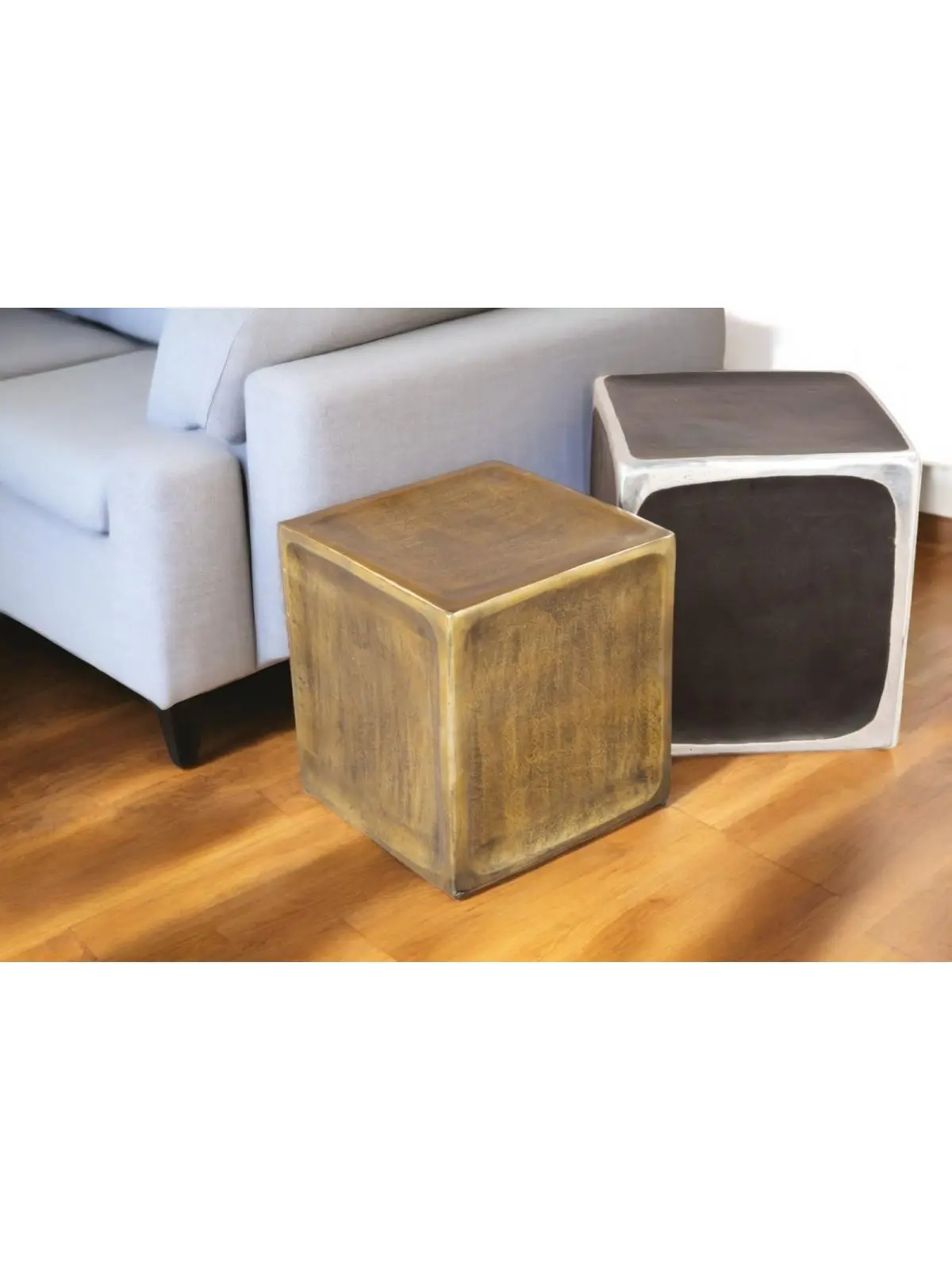 212 MAIN Set of 2 Aluminum Square Block End Tables - Black, Silver, Antiqued Brass; Square Shape, Aluminum Top, Antique Finish, Block Base, Distressed Look, Modern Vibe, Contemporary End Table, Modern Center Table