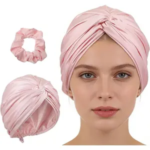 Household daily necessities 2 Pcs Sleeping Hats Double Layer Silk Hair Wrap Adjustable Silk Satin Hair Bonnet with Hair Tie Smooth Night Sleep Cap Turban for Sleeping Women Men Curly Natural Long Braid Straight Pink