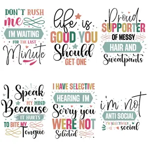 6-Piece Creative English Slang Stickers, Colorful DTF Transfer Patterns, Washable Heat Transfer Film, DIY Clothing Decorations