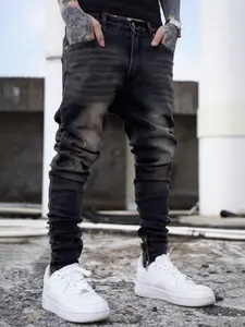 Men's Vintage Slim Fit Jeans, Retro Washed Ankle Zip Design, Skinny Stretch Waist Slimming Trendy Versatile, Perfect for Streetwear