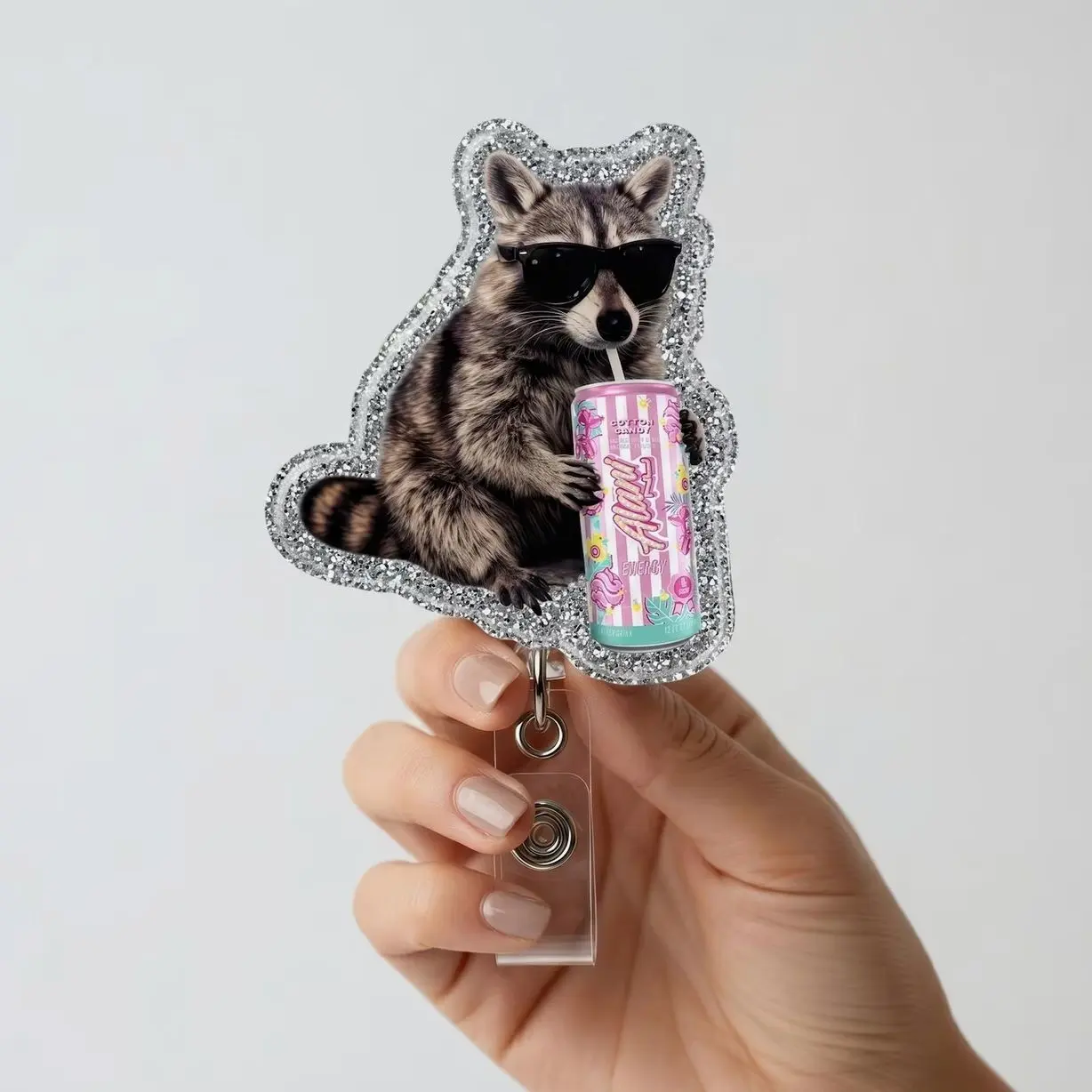 Funny Raccoon Alani Nu Energy Drink Badge Reel, Raccoon Alani Nu Soda Aesthetic Badge Holder, Nurse Badge Reel, Retractable ID Holder, Funny Work Gift