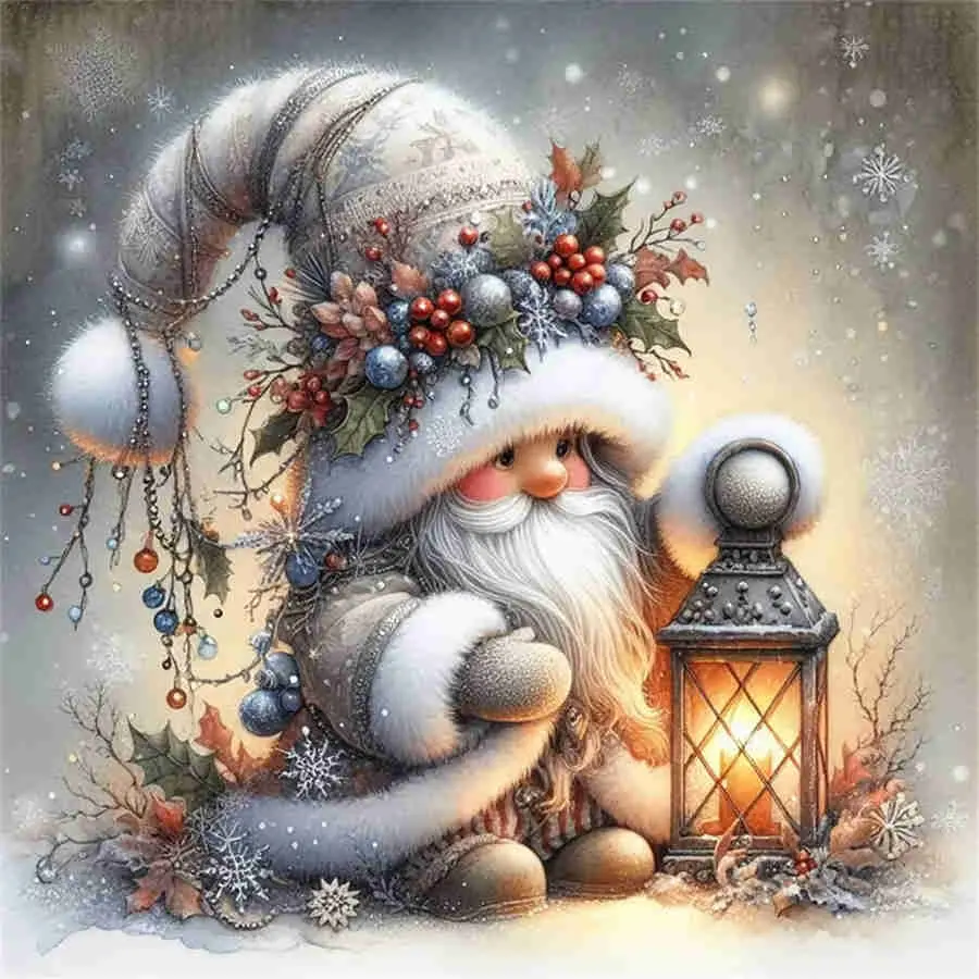 Christmas Gnome with Lantern in Snow 5D Full Drill Diamond Painting Kit – Cozy Festive Design with Shimmering White & Silver Accents – Magical Winter Art DIY Wall Decor – Ideal Gift for Christmas & Craft Enthusiasts – Diamond Pattern Design