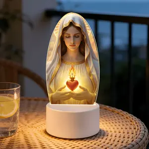 Saint Mary Heart Night Light, Religious Prayer Atmosphere Lamp, USB Powered, Warm Light Bedroom Bedside Lamp, Christian Gift, Acrylic Material, Home Decoration Lamp