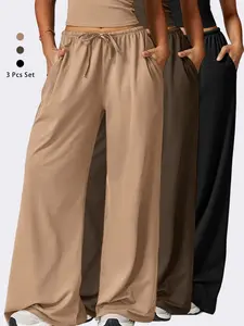 3-pack women's brushed sweatpants high waist wide leg loose casual pants sports fitness elastic drawstring trousers suitable for fitness and daily wear Sports Bottoms