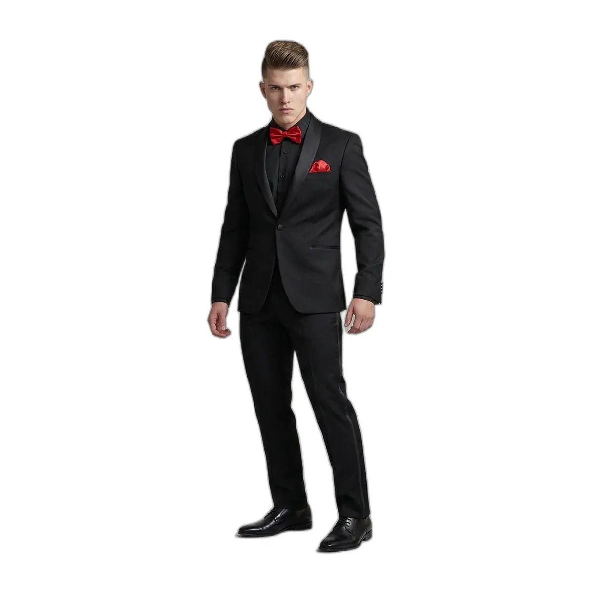 The Red Storm – Black Tuxedo + Black Shirt + Red Bow Tie | Prom 2026