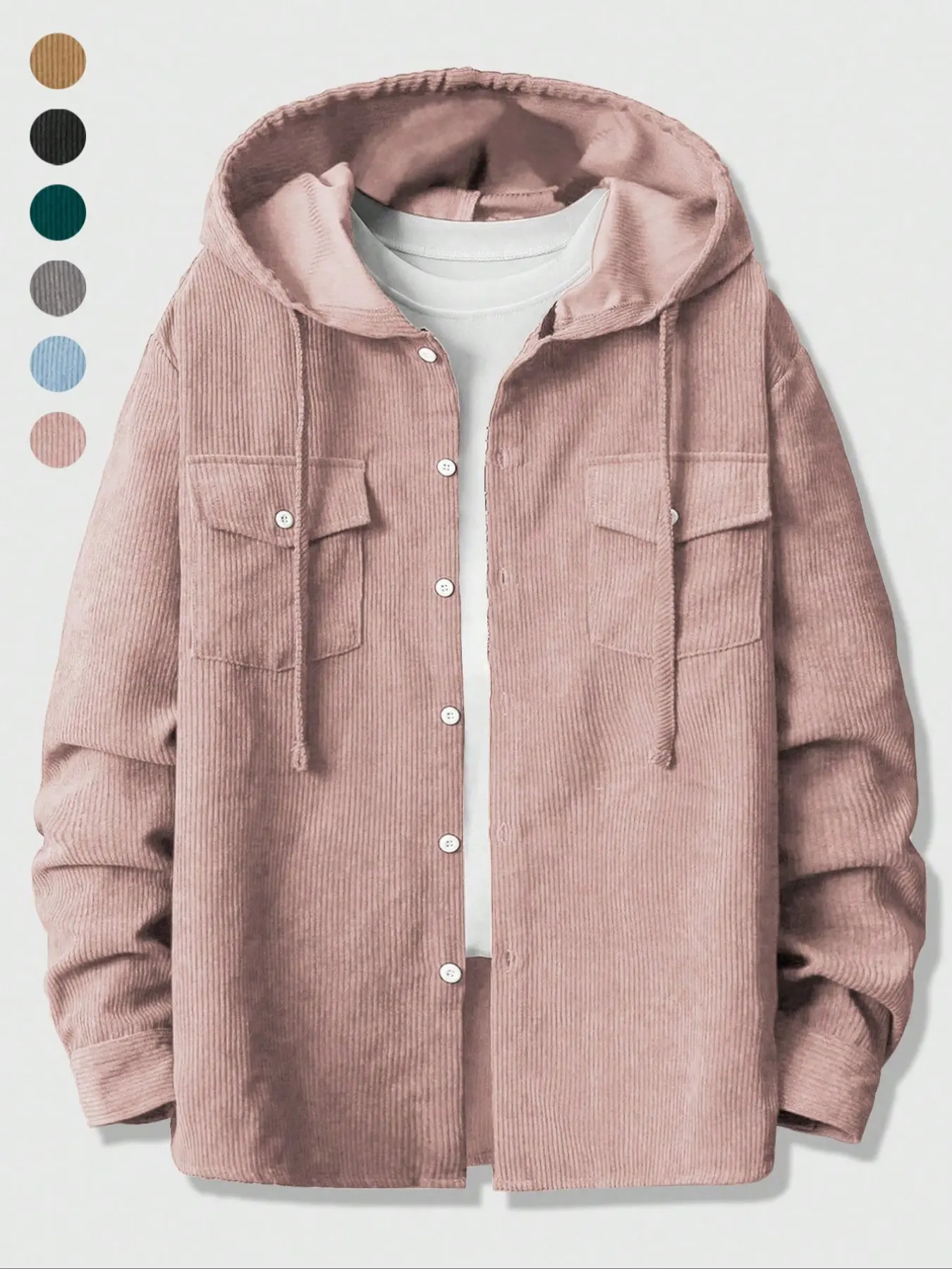 Fall outfits,Men's Corduroy Hooded Long Sleeve Shirt Jacket, Multiple Colors Available, Casual Simple Plain Design, Perfect for Daily Wear, Layering & Retro Style