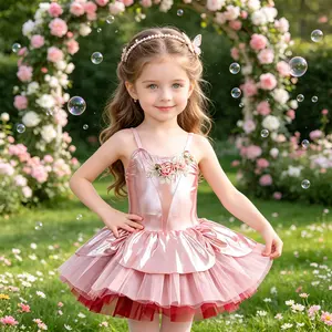 Girls Pink Metallic Ballet Leotard Tutu Dress | Floral Embroidery Spaghetti Strap Dancewear for Toddler Recital & Birthday Party