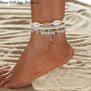 5 Pcs Exquisite Metal Butterfly Star Heart Pendant Anklets Set Bohemia Vintage Pearl Pendant Foot Bracelet Beach Woman Jewelry