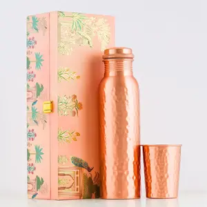 Copper Water Bottle With Glass Set (One) - Ayurvedic Handcrafted Design in Premium Wooden Box - Eco-friendly, BPA-free Heavy Duty leak proof & Lab-tested for daily use, sports & Gifting