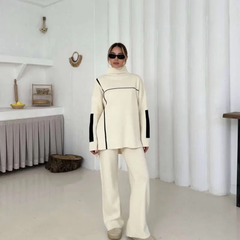 Chic Two-Piece Knitwear Set in Cream with Black Linear Details Soft Wool Blend Turtleneck Sweater & Wide-Leg Trousers for Women's Fall Winter Clothes Fabric Womenswear Oversized Suits Style