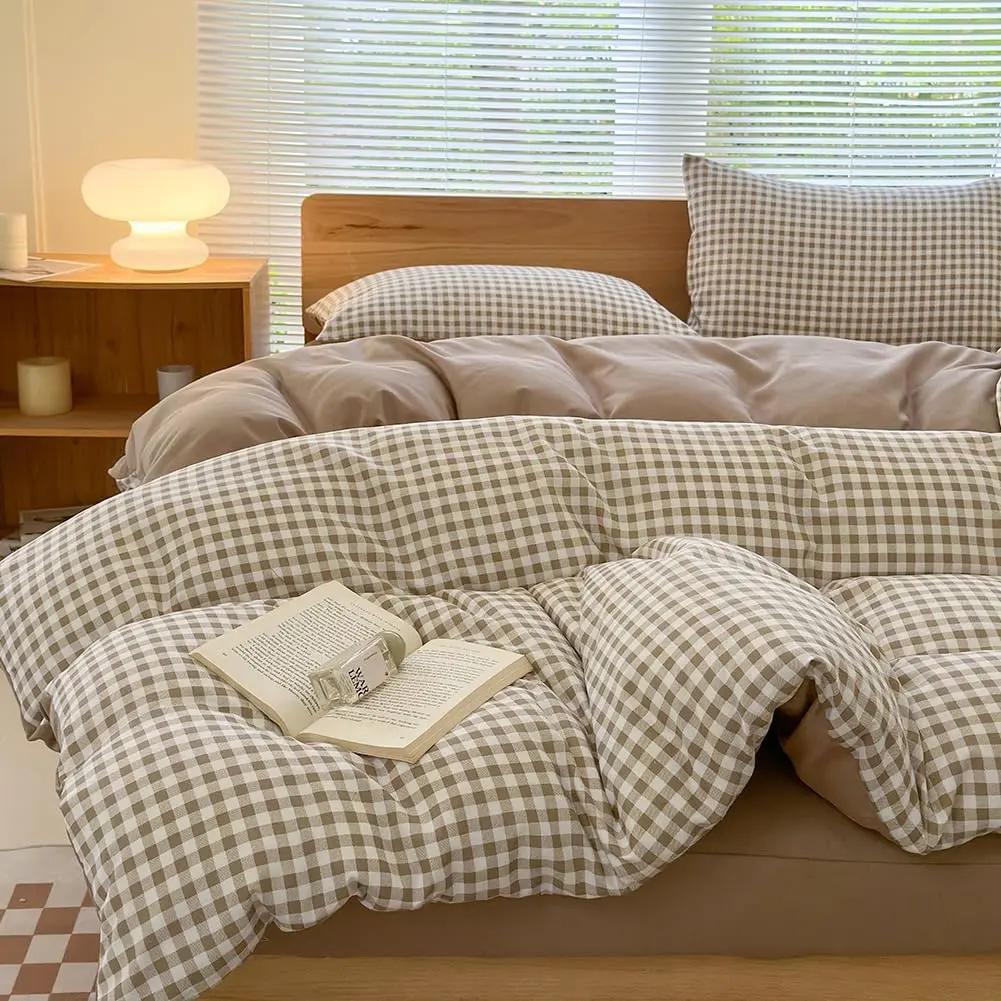 Queen Gingham Grid Duvet Cover Tan- Washed Microfiber Plaid Comforter Cover Brown  Lightweight Clean(3PCS, Queen)