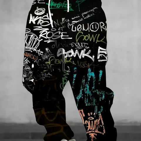 Male 3D Graffiti Print Sports Joggers Pants - Polyester Knitting Fabric, Drawstring Knot Waist, Pockets, Slight Stretch, Full Print, Regular Fit, Casual Comfy Sporty Bottoms, Bold Street Vibe, Machine Washable, All-Season Menswear