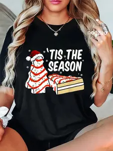 100% Cotton Funny Tis The Season Design Christmas Tree Cakes Debbie T-Shirt Casual Graphic Printed Tee