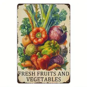 2D Flat - Vintage Retro Tin Metal Decorative Sign "Fresh Fruits and Vegetables" - Multipurpose Wall Hanging Plaque for, Kitchen, Garden, Restaurant, Courtyard