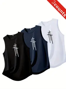 Men's Letter Pattern Print Breathable Polyester Sports Fitness Vest Set, Sleeveless Round Neck Loose Fit, Gym Running Home Outdoor Casual Summer Wear, Workout Apparel, Athletic Workout Clothing, Athletic Style Activewear