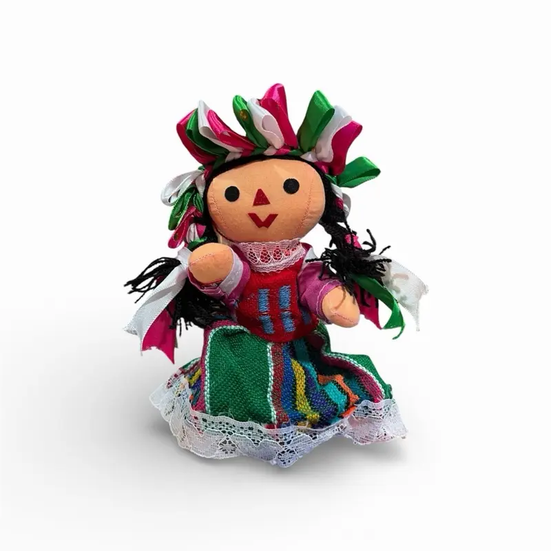 Handmade 6" Mexican Rag Doll Lele Doll Maria Doll Muñeca Maria Mexicana with Colorful Dress and Traditional Accents