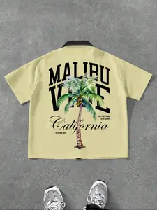 Men's Regular Fit Palm Tree & Malibu California Print Short Sleeve Shirt, Casual Comfy Top for Summer, Fashion Men's Clothes for Daily Wear, Pajama