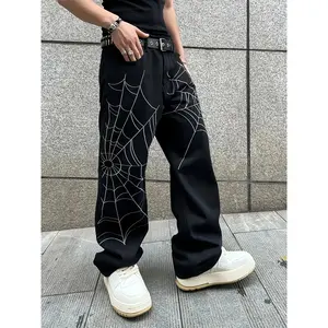 Men's Black Spider Web Print Baggy Jeans Cotton Wide Leg Loose Fit Goth Streetwear Denim Pants