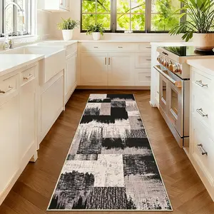 Modern Geometric Runner Rug 2x7, Patchwork Brown Rugs for Hallways Washable Abstract Area Rugs Non Slip, Soft Rug Runner Stain Resistant, Mid Century Low Pile Carpet for Kitchen, Laundry