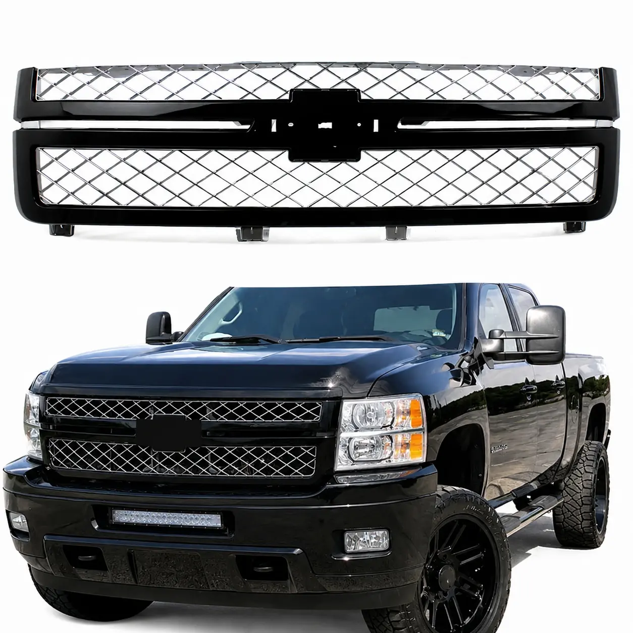 Onyx Black Mesh Front Grille Assembly, 1 Piece, Replacement for Chevrolet Silverado 2500HD 3500HD WT LT LTZ 2011-2014, ABS Plastic Front Grill Exterior Replacement, Direct Fit