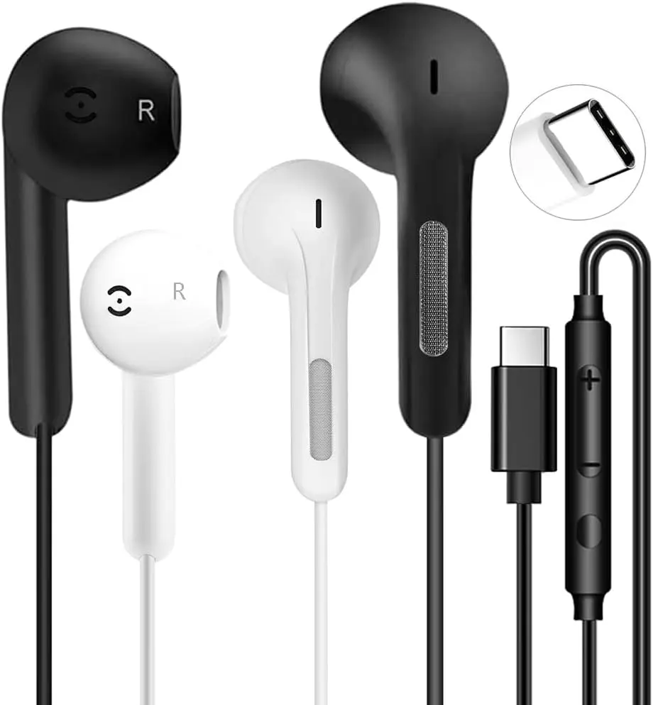 2 Pack USB-C Wired Earbuds with Mic & Volume Control – Type-C Headphones for iPhone 16/15/17 Pro Max, Samsung Galaxy S23/S22/S21