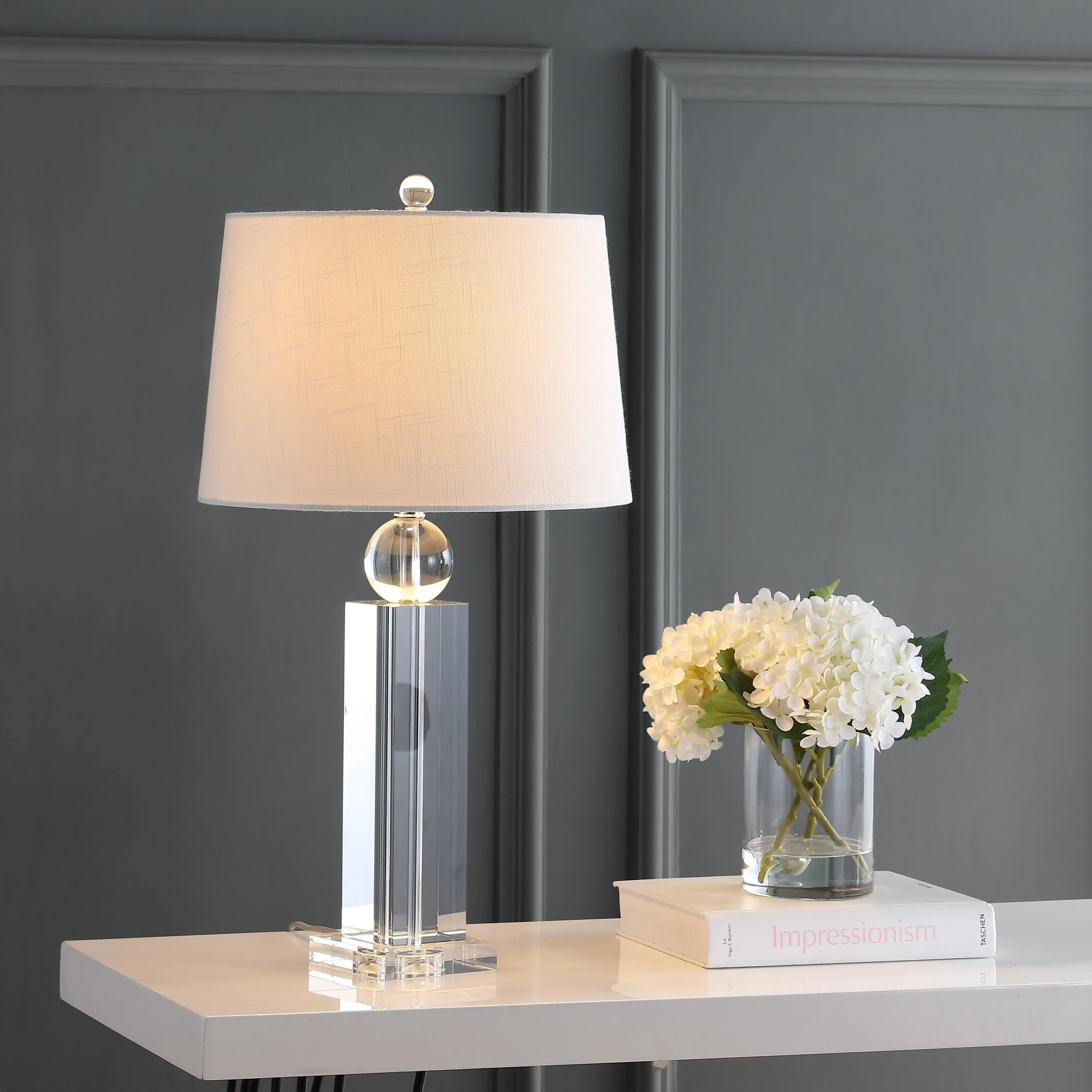 JONATHAN Y Charlotte 28.5" Column Crystal Table Lamp, Clear | Glam Traditional Living Room Bedside Nightstand Light, White Linen Drum Shade, Chrome Metal, LED Bulb Included