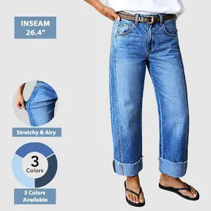 Flamingals Wash Seam Front Roll Raw Hem Mid Rise Straight Leg Jeans Womenswear Stretchy 26.8" Inseam Summer Vibes