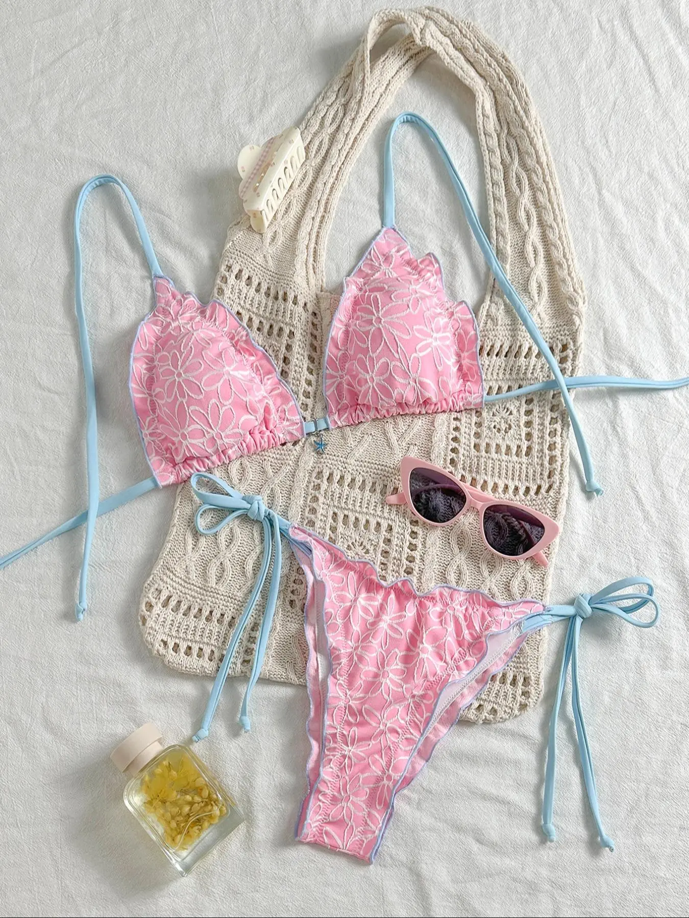 Women's Floral Triangle Bikini Set, 2-Piece Swimsuit with High Cut Crotchless Bottoms for Beach Holiday Vacation, Bikini Sets, Swimsuits For Women, High Cut Legs, Two-Pieces